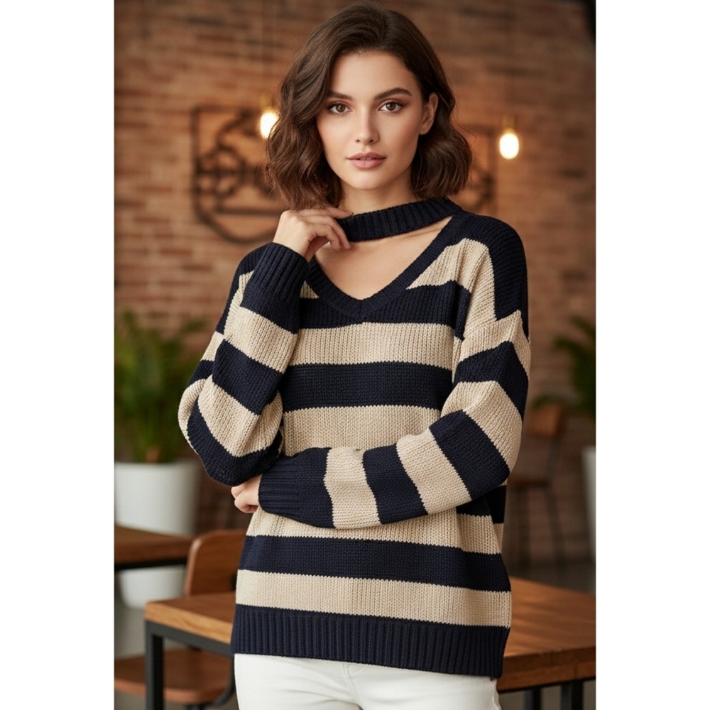 RD Style Striped Choker Neck Sweater Tan & Black Size M
